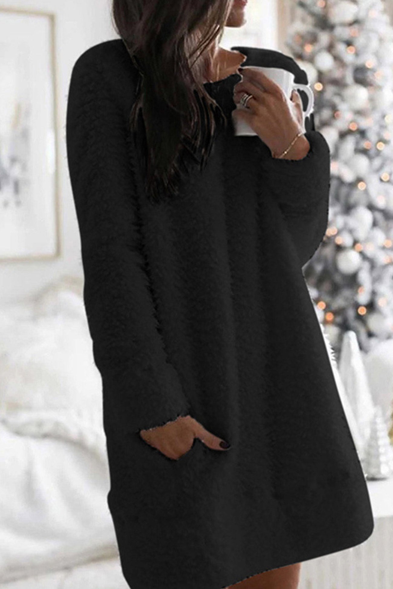 Plush Crew Neck Dress with Pocket InsStreet