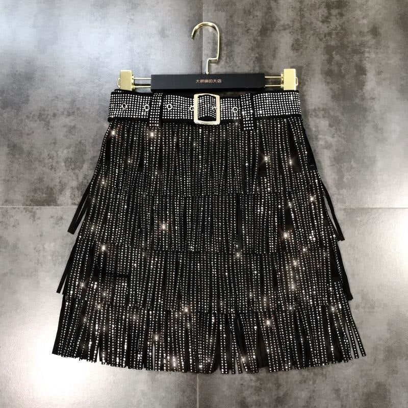 Rhinestones Tassel  High Waist Belt Skirt InsStreet