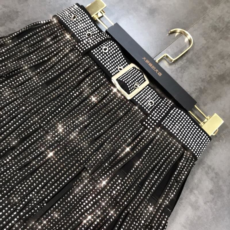 Rhinestones Tassel  High Waist Belt Skirt InsStreet