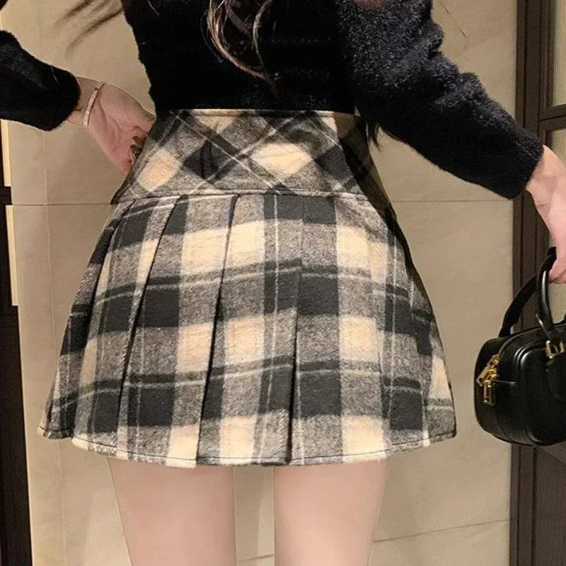 Winter Plaid Woolen Preppy Check Pleated Mini Skirt InsStreet