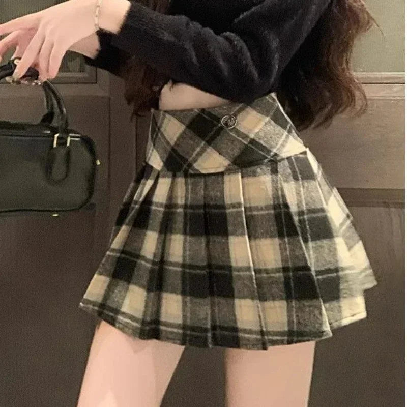 Winter Plaid Woolen Preppy Check Pleated Mini Skirt InsStreet