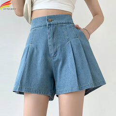 Summer Size Denim High Elastic Waist Pleated Mini Large Size Short InsStreet