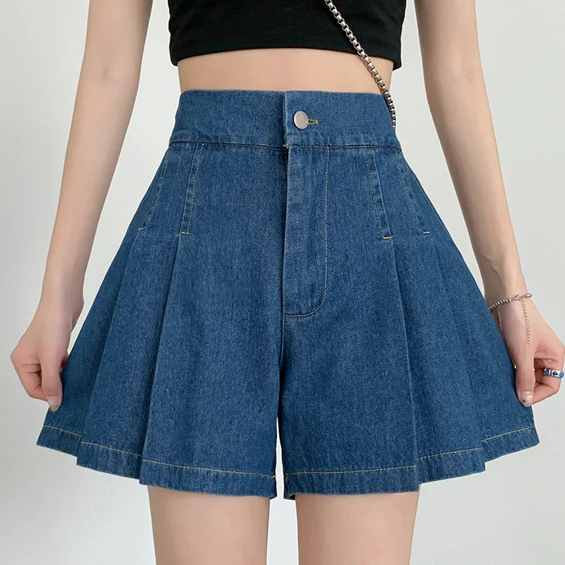 Summer Size Denim High Elastic Waist Pleated Mini Large Size Short InsStreet