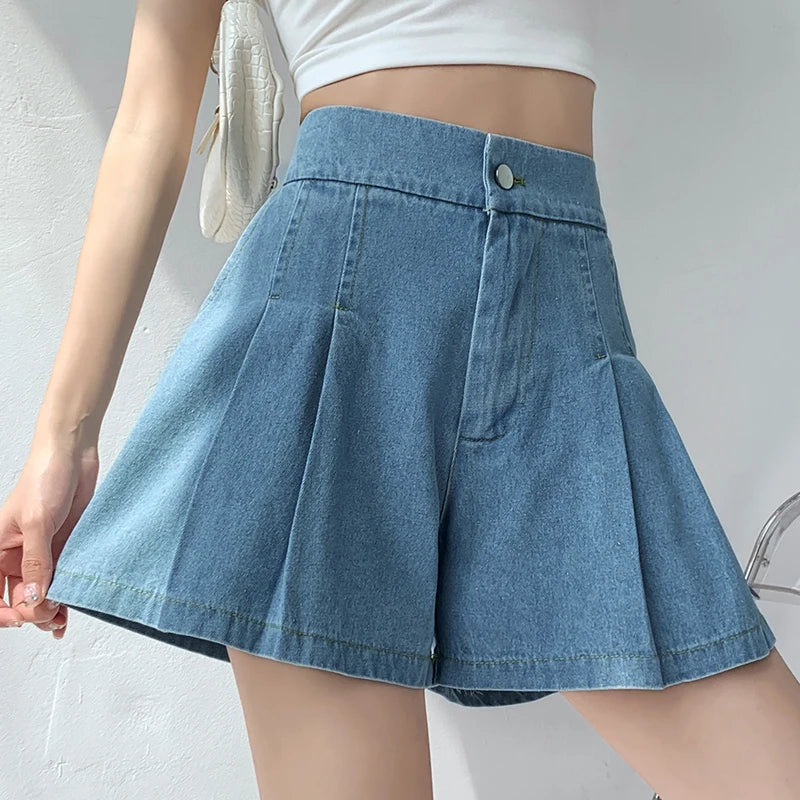 Summer Size Denim High Elastic Waist Pleated Mini Large Size Short InsStreet