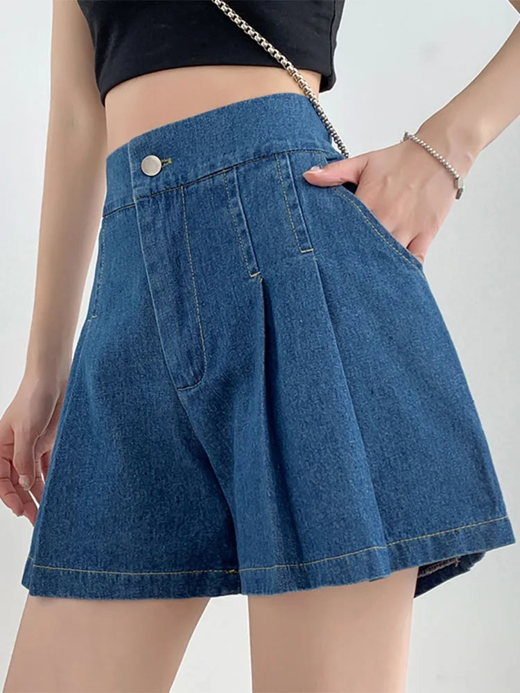 Summer Size Denim High Elastic Waist Pleated Mini Large Size Short InsStreet