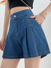 Summer Size Denim High Elastic Waist Pleated Mini Large Size Short InsStreet