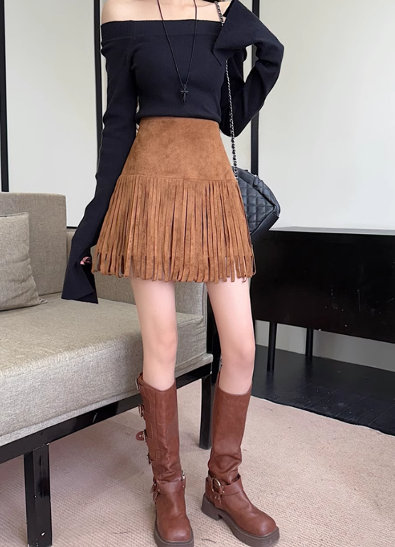 Fearless Faux Suede Fringe Mini Skirt