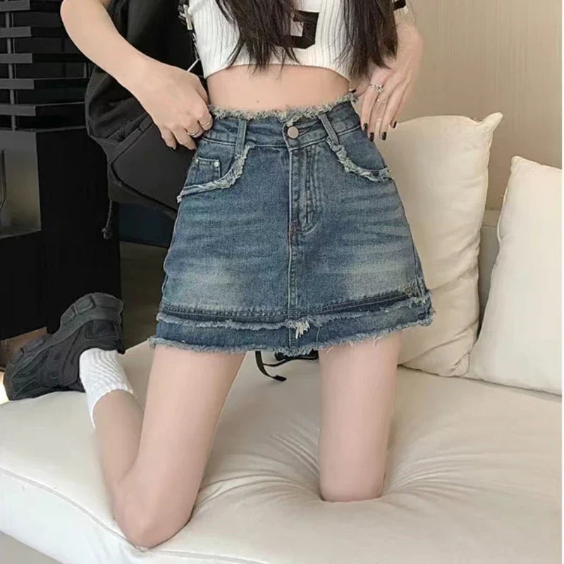Denim Vintage A-line Y2K Patchwork Retro Skirt InsStreet