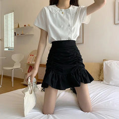 Ruffle Sweet Mini Skirt White A-line Solid Cute Skirt InsStreet