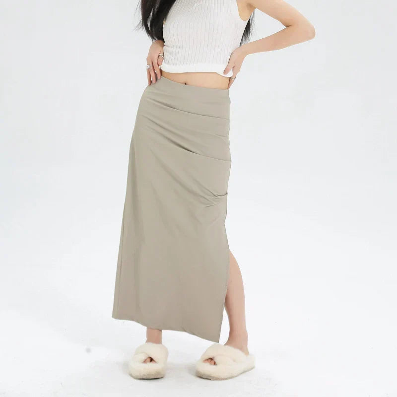 Slit Pleated Solid Long Skirt Vintage Korean Casual Skirt InsStreet