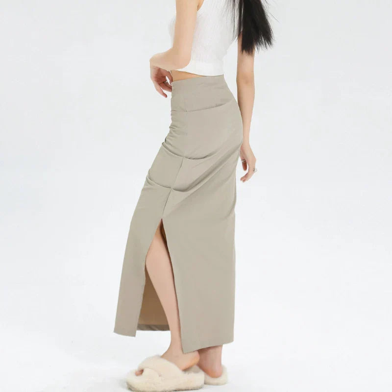 Slit Pleated Solid Long Skirt Vintage Korean Casual Skirt InsStreet