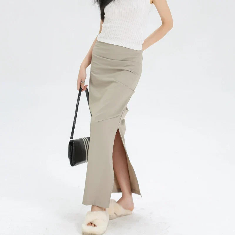 Slit Pleated Solid Long Skirt Vintage Korean Casual Skirt InsStreet