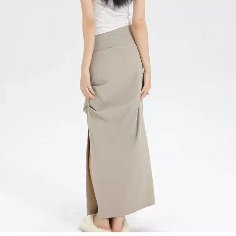 Slit Pleated Solid Long Skirt Vintage Korean Casual Skirt InsStreet