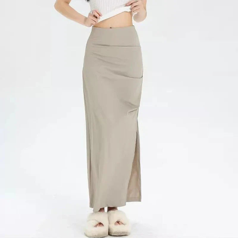 Slit Pleated Solid Long Skirt Vintage Korean Casual Skirt InsStreet