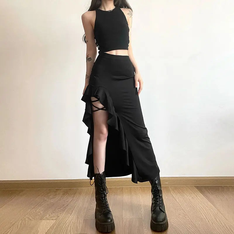 Gothic Black Bodycon Waisted Punk Midi Slit Skirt InsStreet