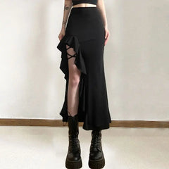 Gothic Black Bodycon Waisted Punk Midi Slit Skirt InsStreet