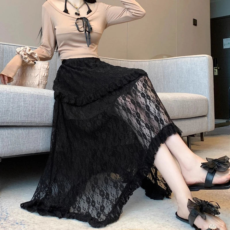 Lace Fairycore Tulle Ruffle Vintage Irregular Skirt InsStreet