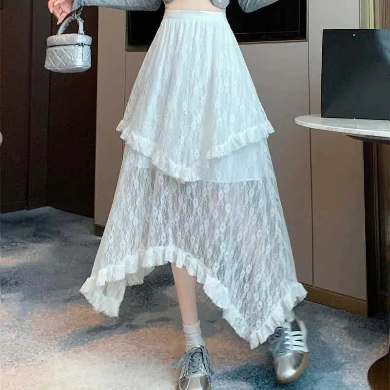 Lace Fairycore Tulle Ruffle Vintage Irregular Skirt InsStreet