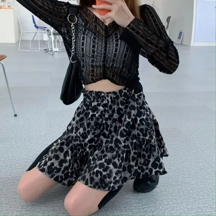 Leopard Print Ruffle Coquette Street Patchwork Skirt InsStreet