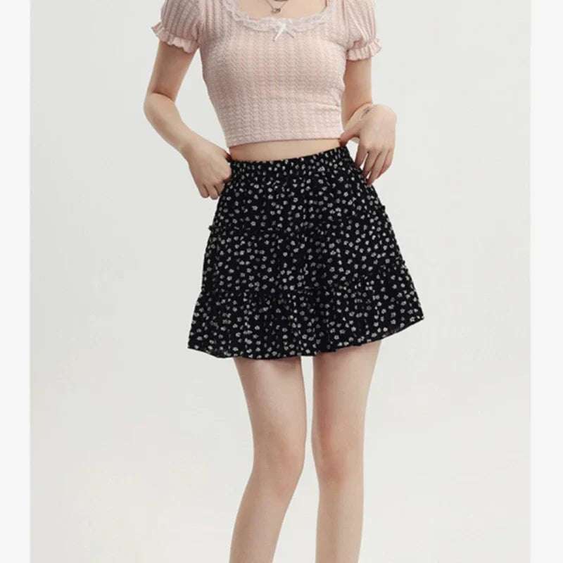 Black Floral Sweet Pleated Kawaii Patchwork Skirt InsStreet