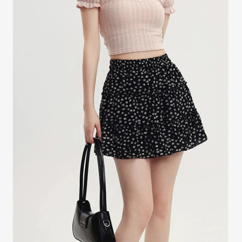 Black Floral Sweet Pleated Kawaii Patchwork Skirt InsStreet