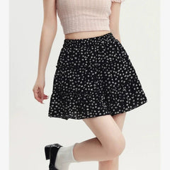 Black Floral Sweet Pleated Kawaii Patchwork Skirt InsStreet