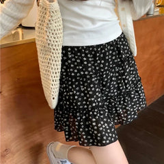 Black Floral Sweet Pleated Kawaii Patchwork Skirt InsStreet