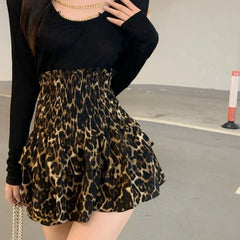 Leopard Print Ruffle Vintage High Waisted Pleated Skirt InsStreet