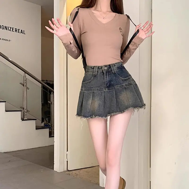 Vintage Pleated Retro Aesthetics Casual A-line Skirt InsStreet