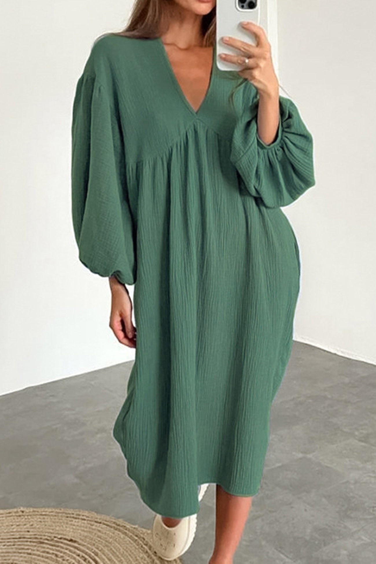 Crepe V Neck Puff Sleeve Loose Dress InsStreet