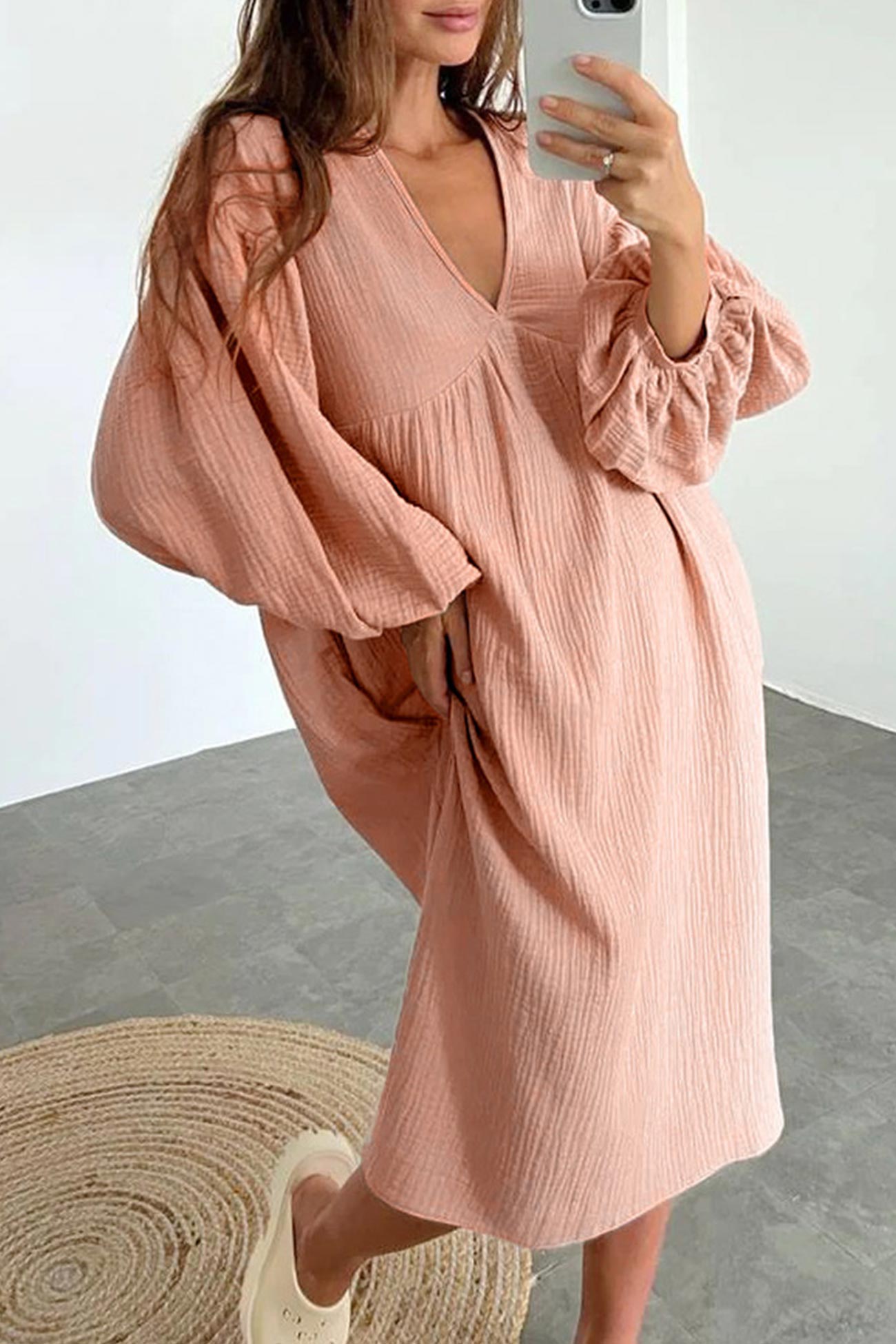 Crepe V Neck Puff Sleeve Loose Dress InsStreet