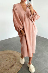 Crepe V Neck Puff Sleeve Loose Dress InsStreet