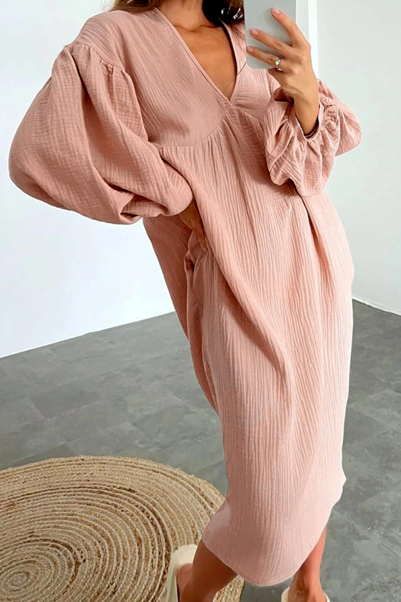 Crepe V Neck Puff Sleeve Loose Dress InsStreet