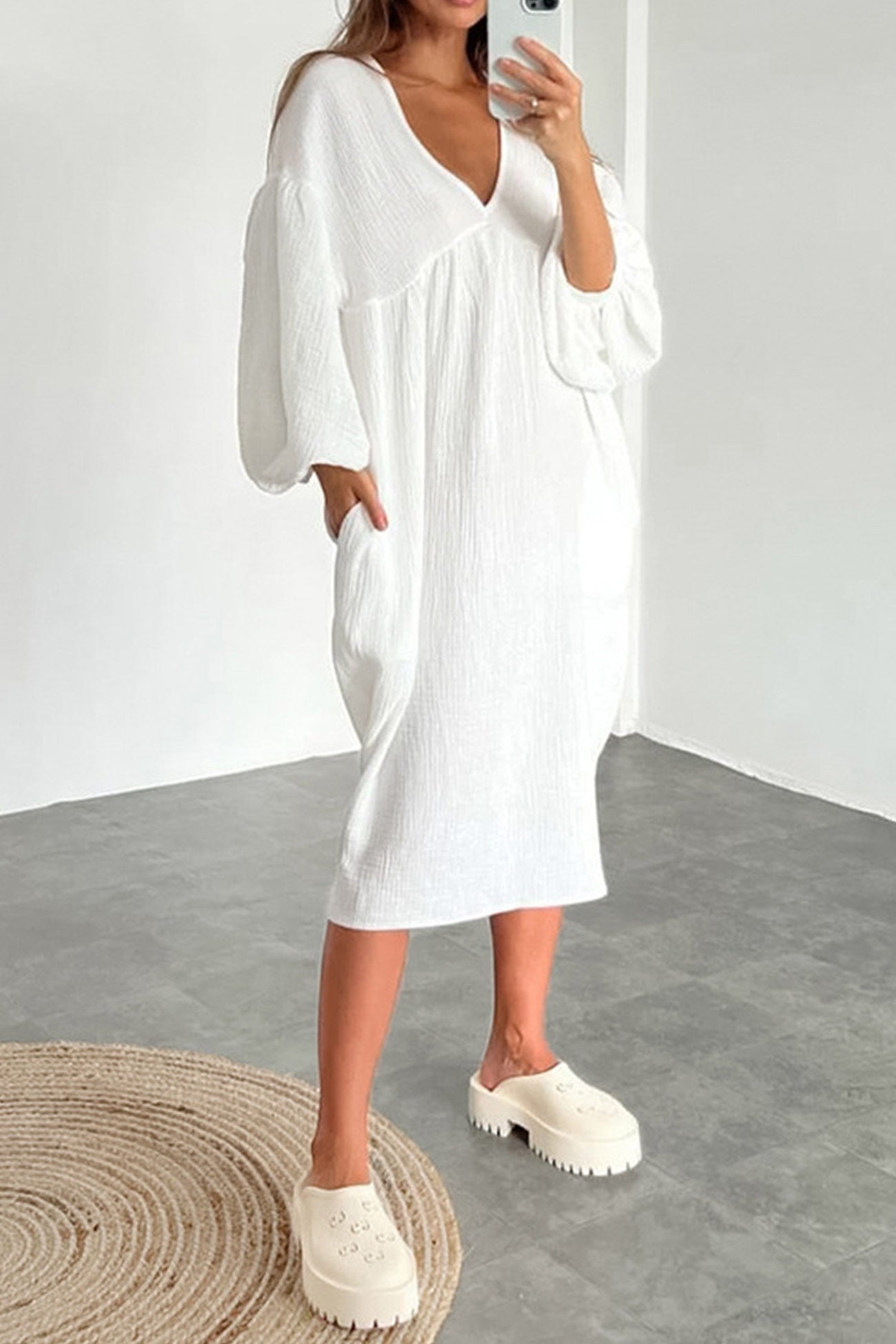 Crepe V Neck Puff Sleeve Loose Dress InsStreet