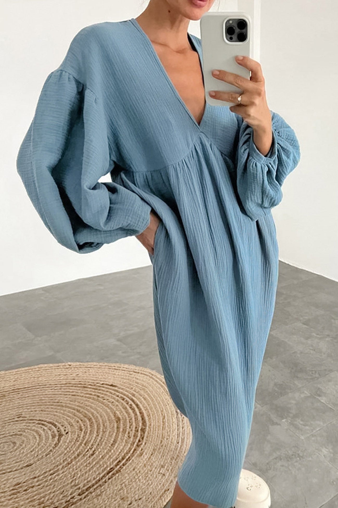 Crepe V Neck Puff Sleeve Loose Dress InsStreet