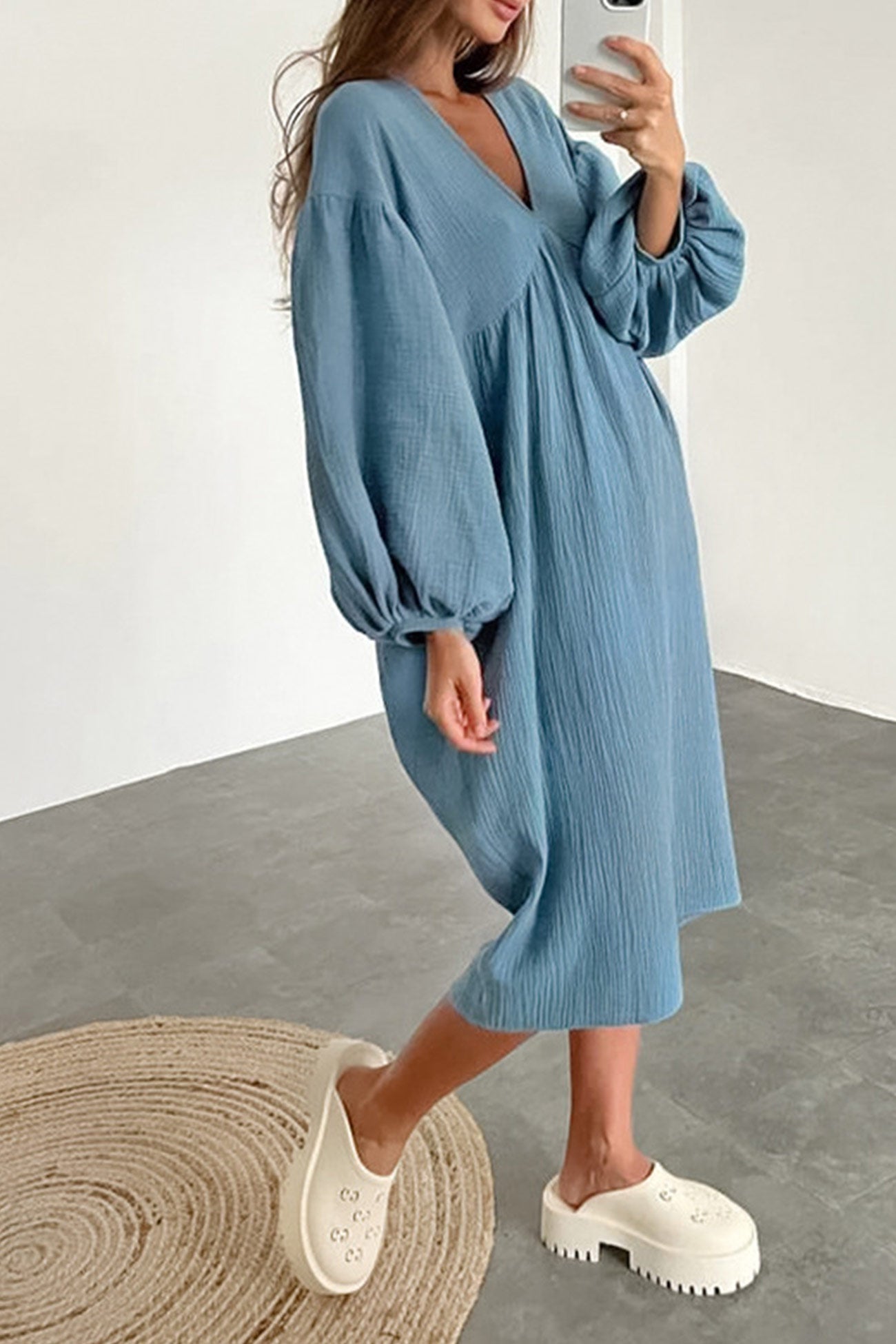 Crepe V Neck Puff Sleeve Loose Dress InsStreet