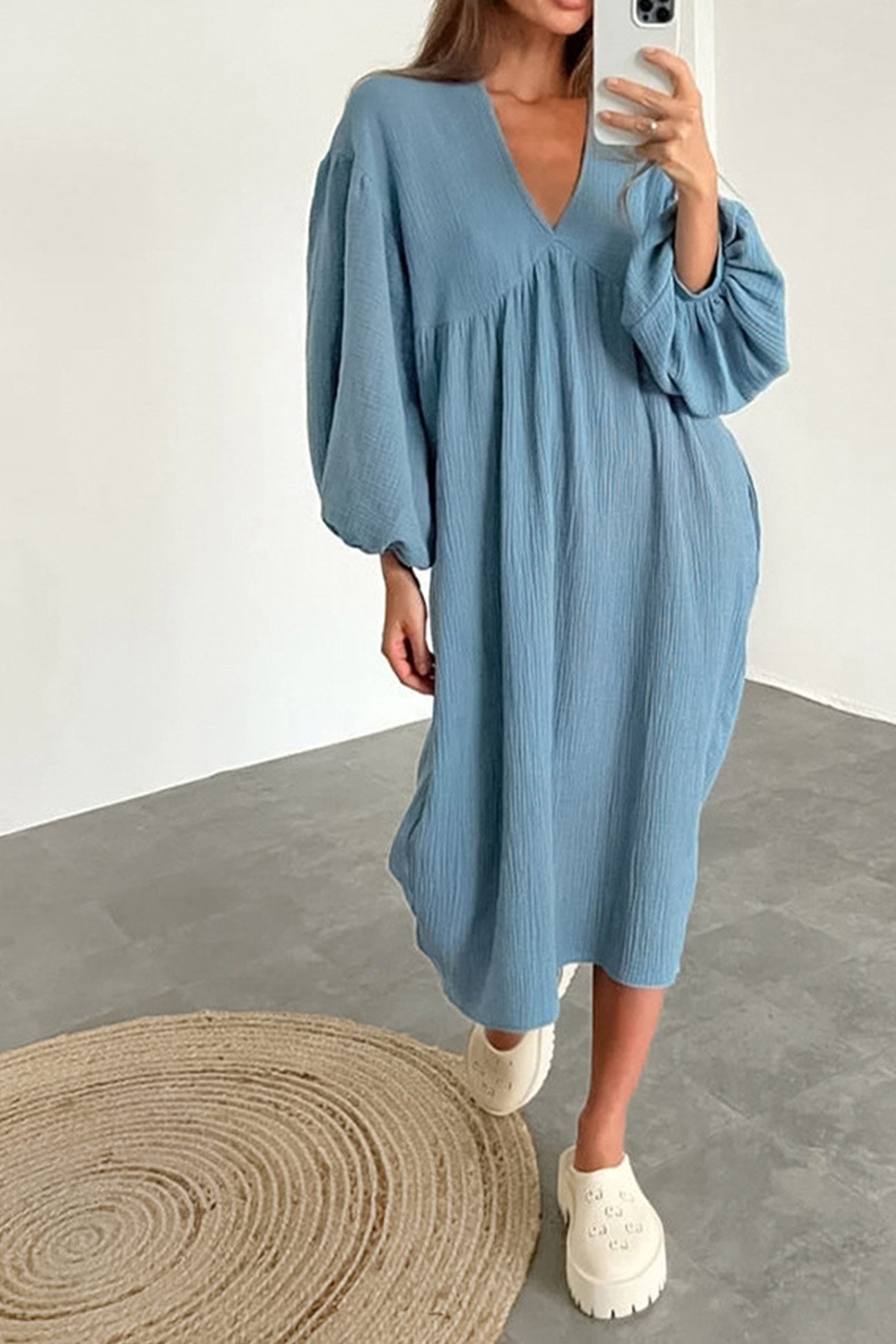 Crepe V Neck Puff Sleeve Loose Dress InsStreet