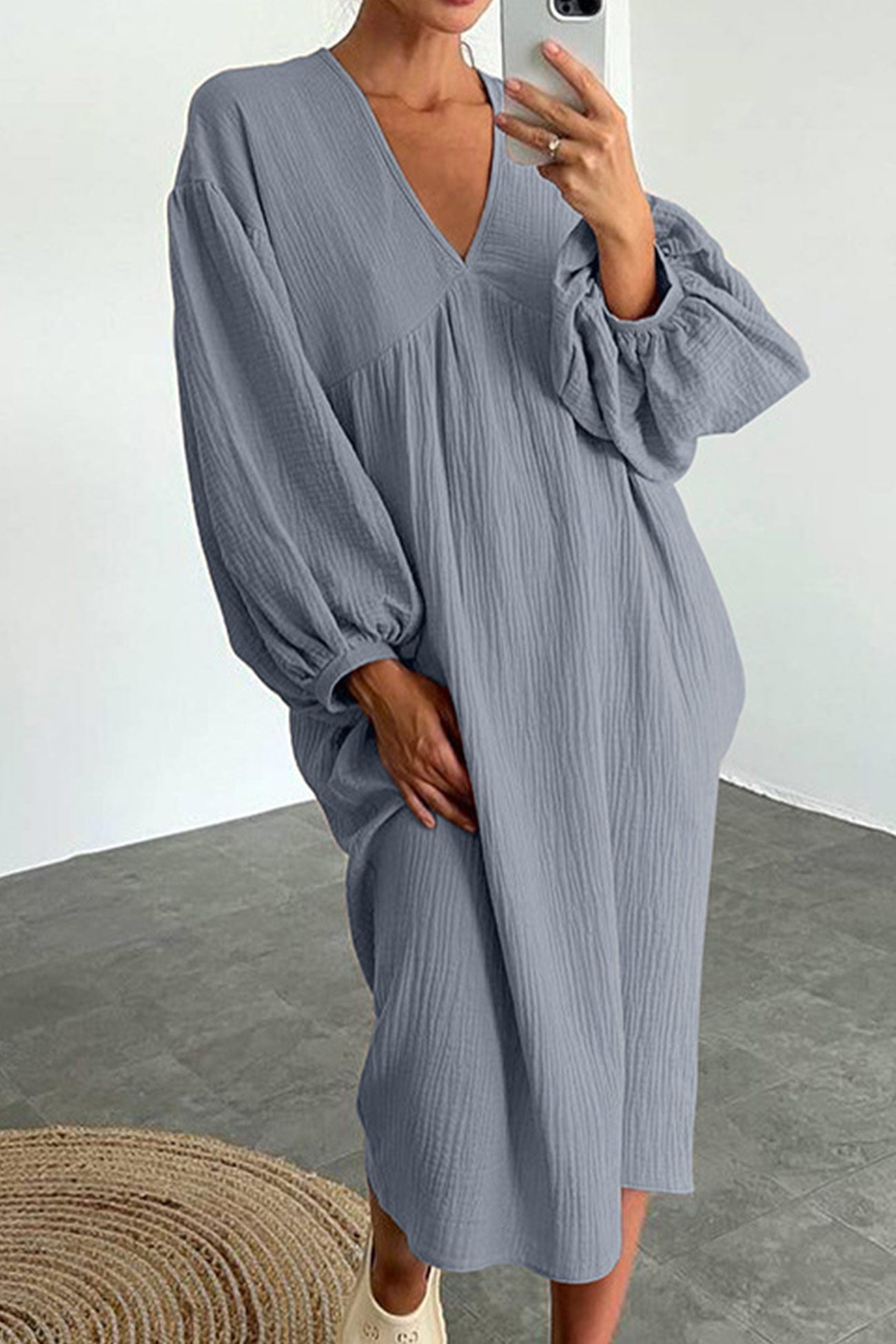 Crepe V Neck Puff Sleeve Loose Dress InsStreet