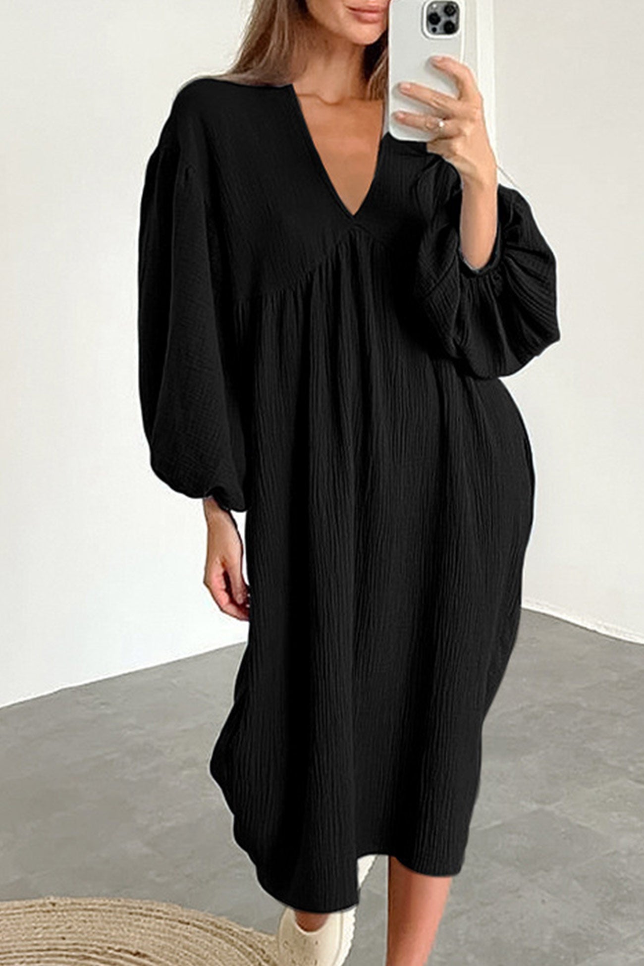 Crepe V Neck Puff Sleeve Loose Dress InsStreet