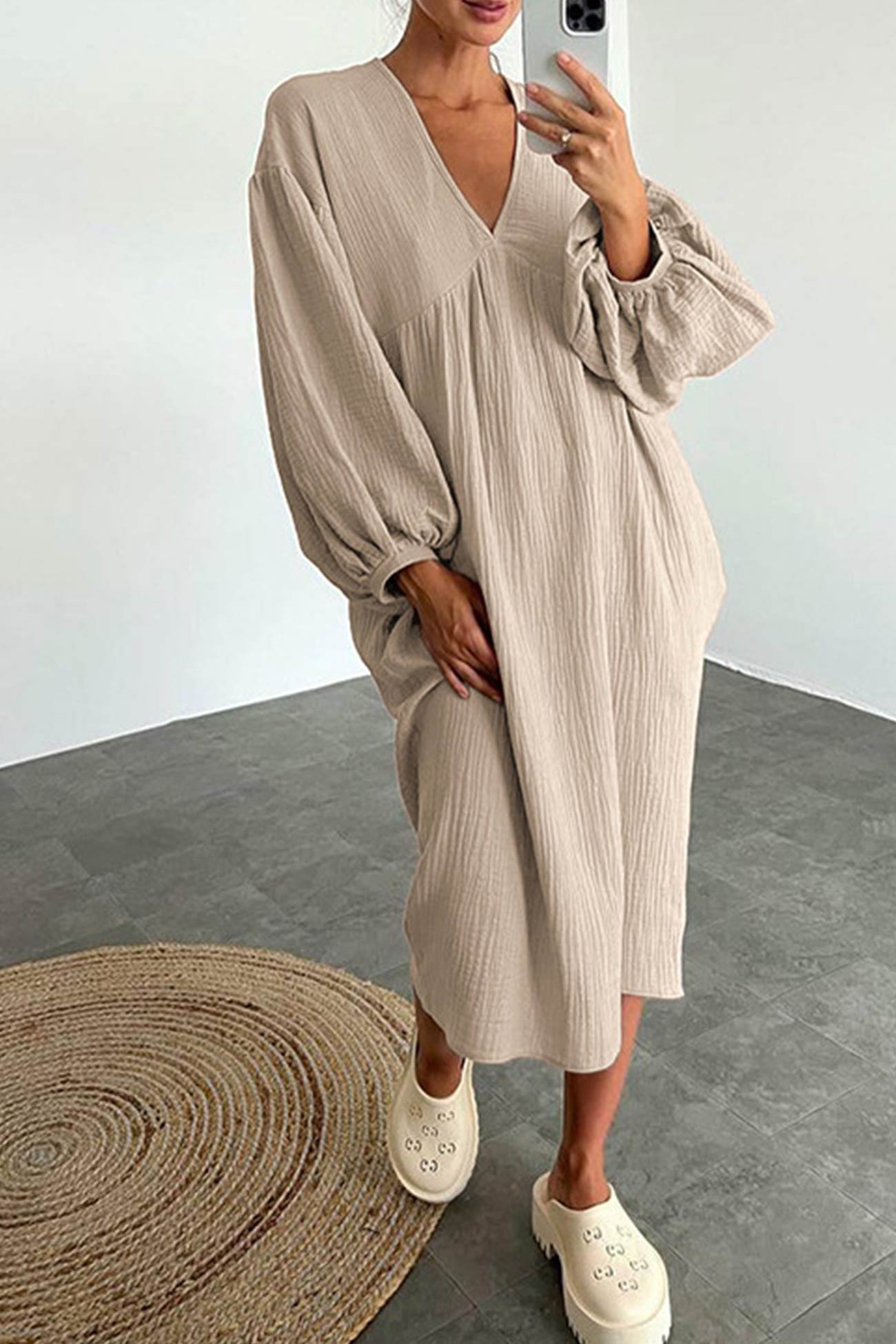 Crepe V Neck Puff Sleeve Loose Dress InsStreet