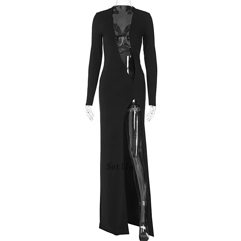 Deep V Neck Split Long Sleeve Sexy Gown Maxi Dress InsStreet