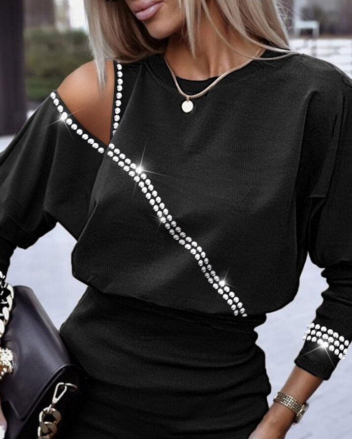 Plain Rhinestone Cold Shoulder Long Sleeve Casual Mini Pencil Dress InsStreet