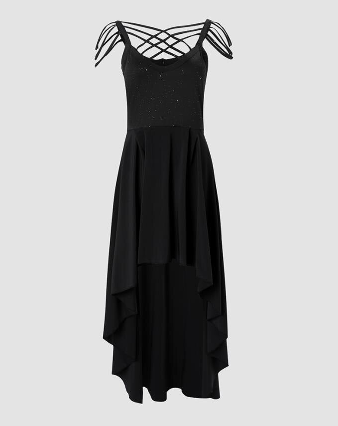 V-Neck Sleeveless Crisscross Tassel Design High Low Hem Glitter Party Dress InsStreet