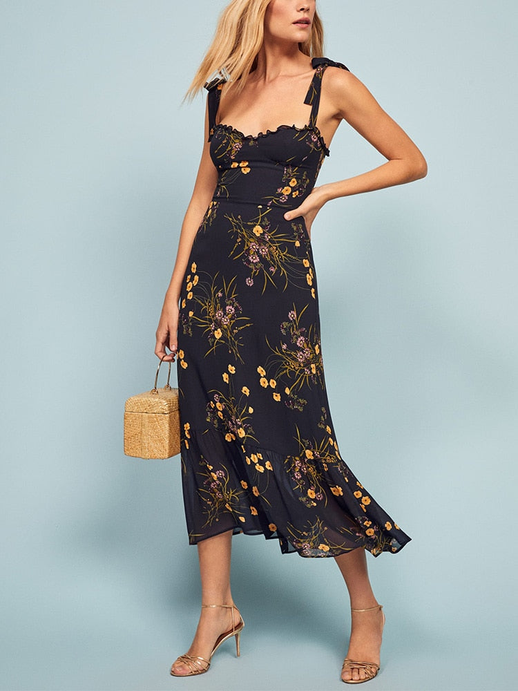 Elegant Vintage Floral Neck Sleeveless Strap Dress InsStreet