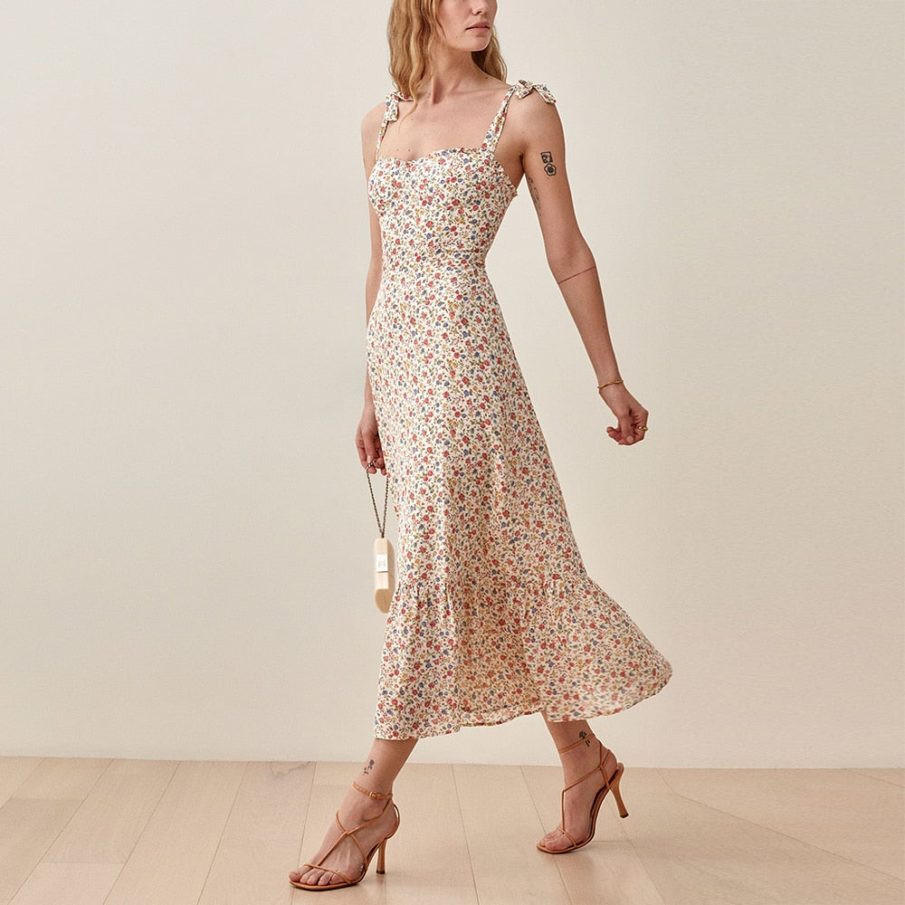 Elegant Vintage Floral Neck Sleeveless Strap Dress InsStreet