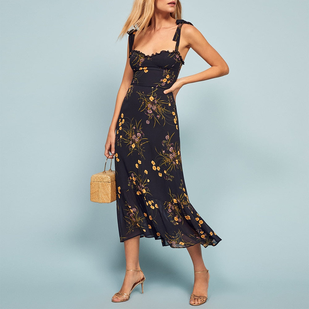 Elegant Vintage Floral Neck Sleeveless Strap Dress InsStreet