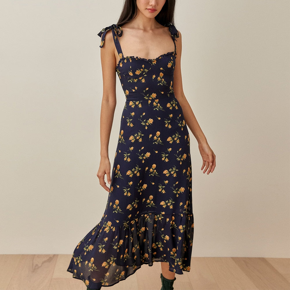 Elegant Vintage Floral Neck Sleeveless Strap Dress InsStreet