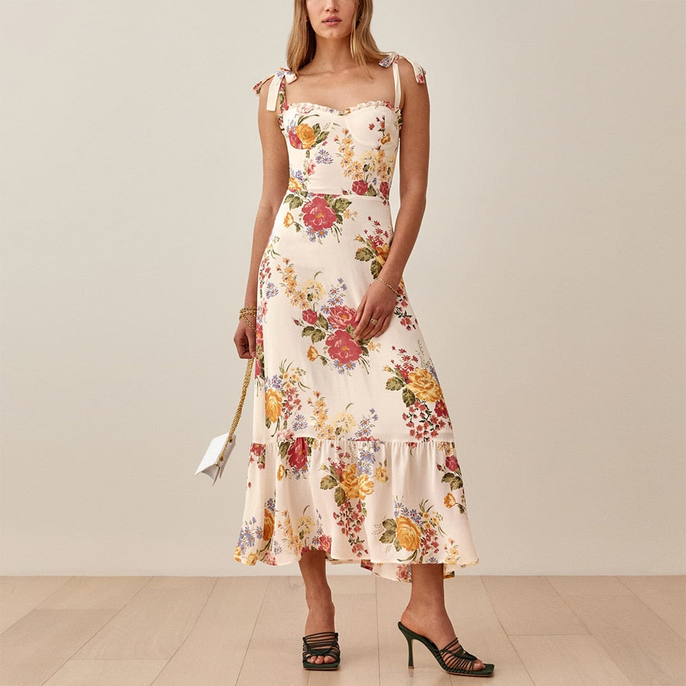 Elegant Vintage Floral Neck Sleeveless Strap Dress InsStreet