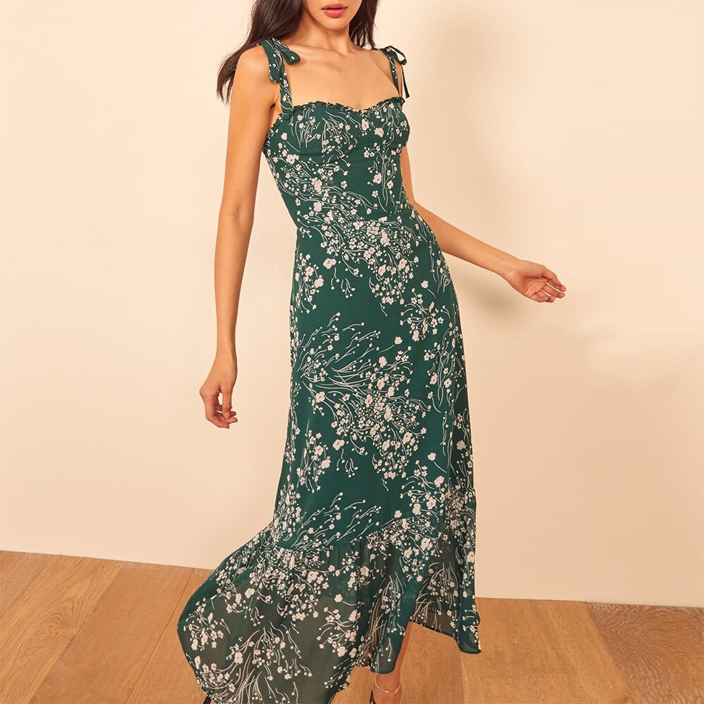 Elegant Vintage Floral Neck Sleeveless Strap Dress InsStreet