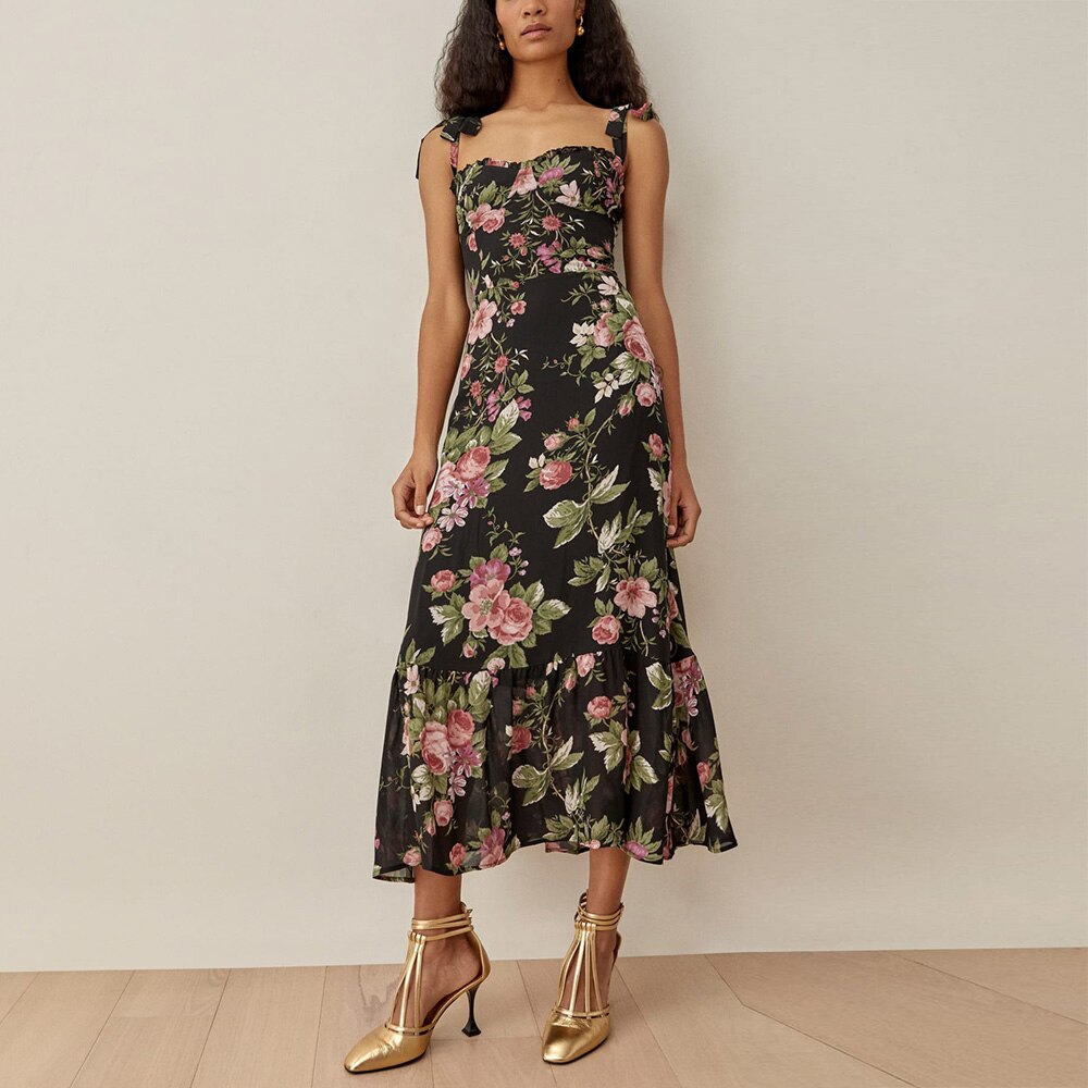Elegant Vintage Floral Neck Sleeveless Strap Dress InsStreet